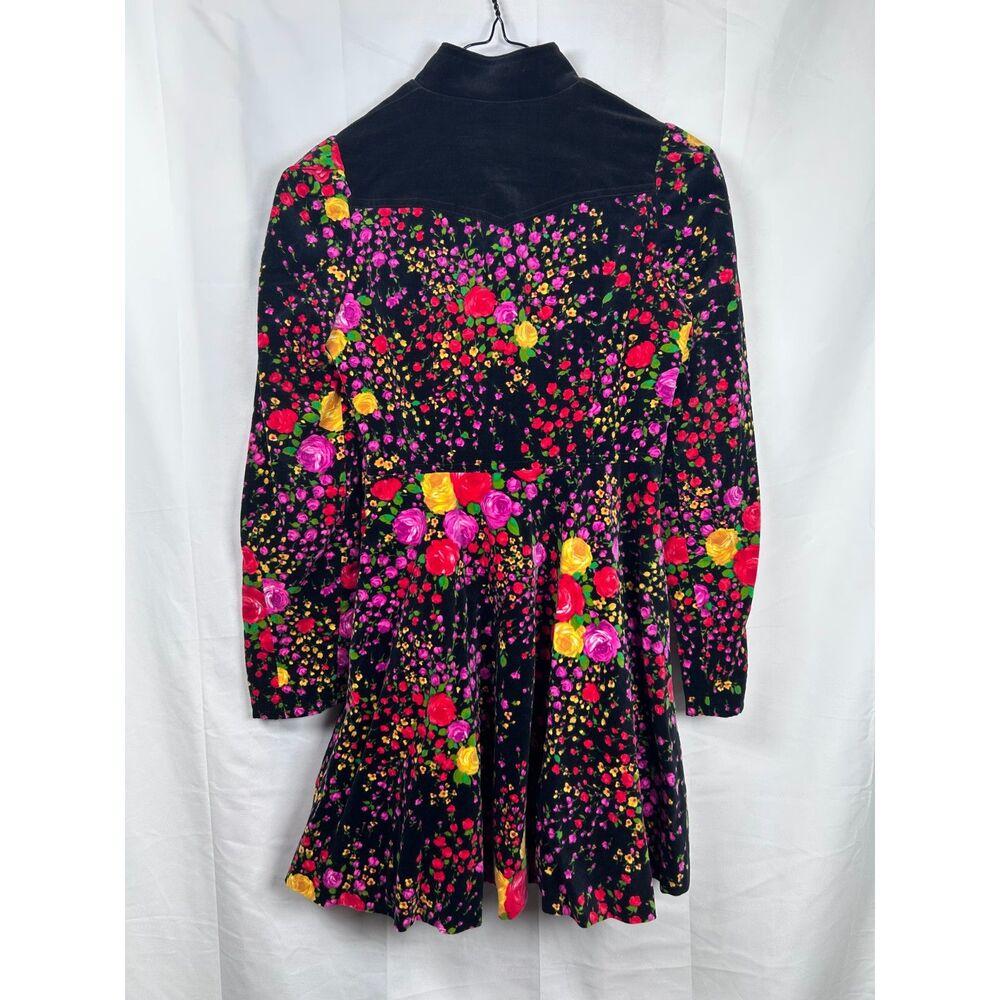 Vintage 70s Orphee Paris Floral Velvet Mini Dress XS Black French Mod Psych - Picture 6 of 16
